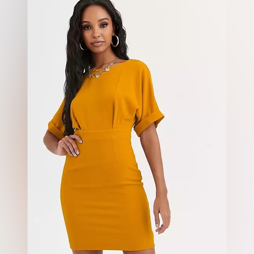 ASOS Mustard Yellow Short Sleeve Wiggle Midi/Mini Dress 14/L